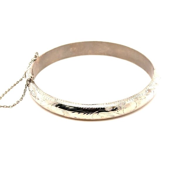 Vintage 925 Sterling Silver Bangle with Safety Chain - Picture 1 of 6